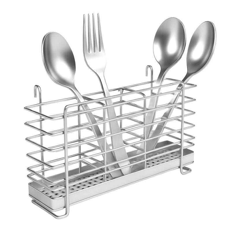 KESOL 304 Stainless Steel Utensil Drying Rack with Hooks & 3 Divided Compartments, Silverware Drying Basket, Spoon and Fork Organizer, Rustproof Kitchen Drainage Basket Accessories, Silver, 2x8.7x5 - Image 1